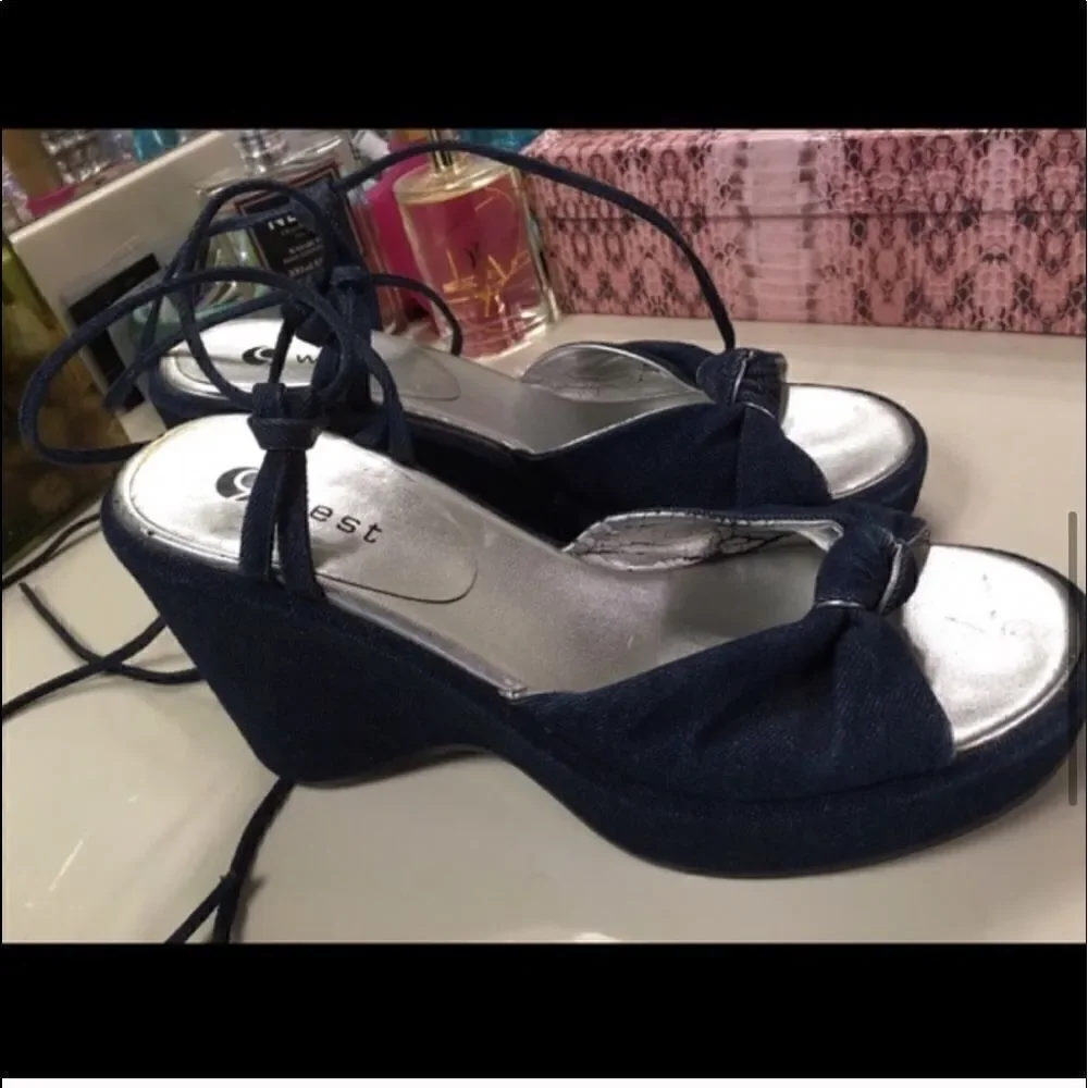 OO 9 West Denim Ankle Tie Wedges!